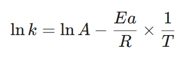 Logarithmic form of the Arrhenius equation: ln k = ln A - (Ea / R) * (1 / T)